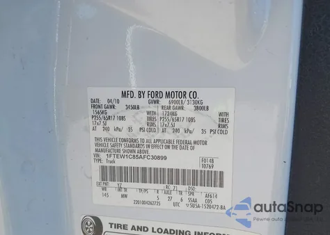 2010 Ford F-150 Fx2 Sport/Xl/Xlt z USA, uszkodzony, nr VIN 1FTEW1C85AFC30899